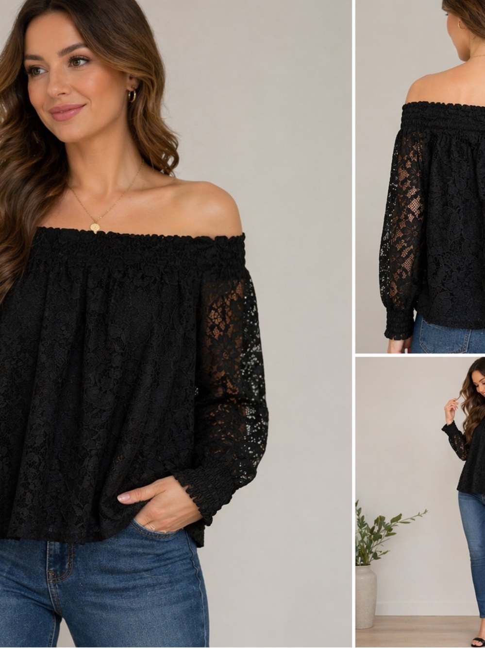 Black Lace Off Shoulder Blouse Boho Sheer Floral Long Sleeve Keyhole Back Top - Picture 2 of 13